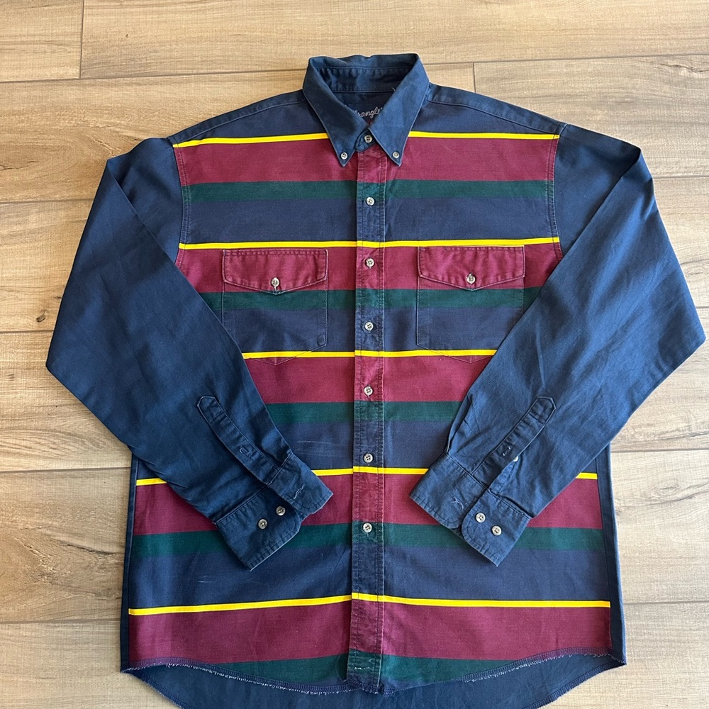 Vintage Wrangler Navy Button-Down Shirt with Burgundy, Green & Yellow Stripes
